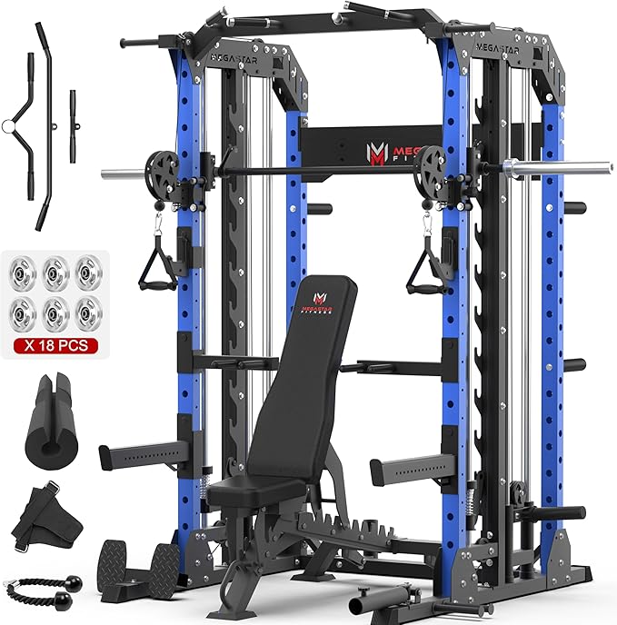 Smith Machine Home Gym with Aluminum Pulley Set- 2000lbs Capacity All-in-One Power Rack with Cable Crossover, Pull-Up Bar & Dip Station, Includes 18 Attachments, P107 Anvil