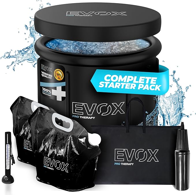 Ice Bath Tub for Athletes – Complete Starter Pack [Cold Plunge Tub, Thermometer, Repair Patch, 2X Reusable Ice Bags] Indoor & Outdoor Inflatable Tub for Recovery – 110 Gal Portable Ice Pod Barrel