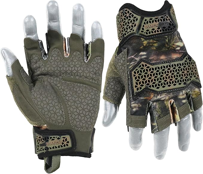 HANDLANDY Fingerless Work Gloves for Men, Padded Impact Tactical Mechanics Gloves, Grip Utility Trucker Driver Gloves (Camo- impact, Medium (Pack of 1))