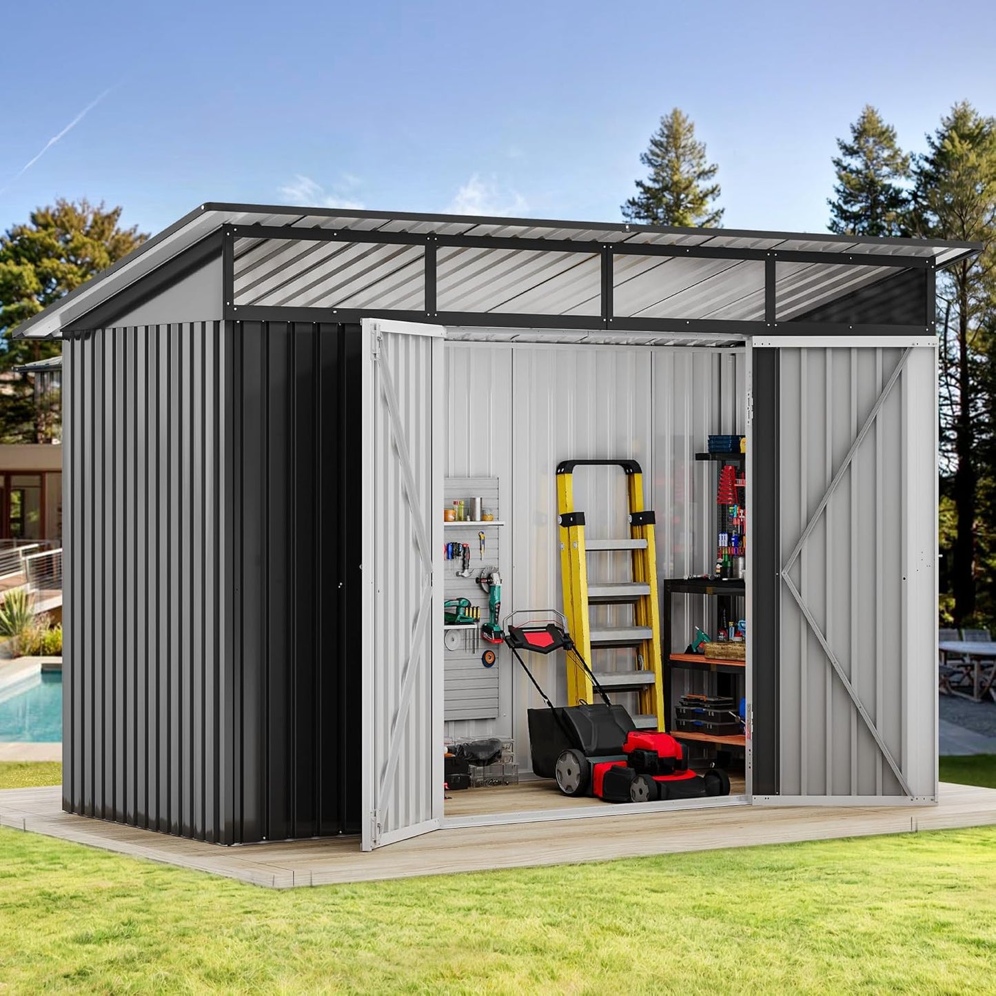 DWVO 9x4 FT Storage Shed for Bicycle, Functional Metal Tool Shelter Garden Storage Unit with Acrylic Windows, Secure Entry Lock, Water-Resistant Waste Enclosure for Outdoor Patio Garden(Dark Gray)