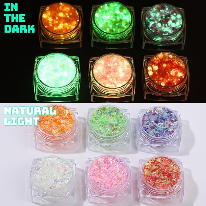 Teenitor 6 Colors Body Glitter Face Glitter, Glow in The Dark Glitter Gel, Glow in The Dark Face Paint for UV Black Light Concerts Party Rave Accessories