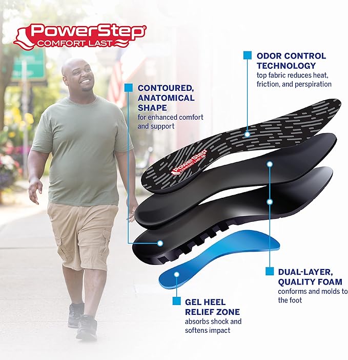 PowerStep Comfort Last Insoles, Cushioning Gel Insoles for Standing All Day, Supports Metatarsal Pain, Foot Arch, Heel Pain, All Day Comfort, Made in The USA (Men's 9-10.5 / Women's 11-12)