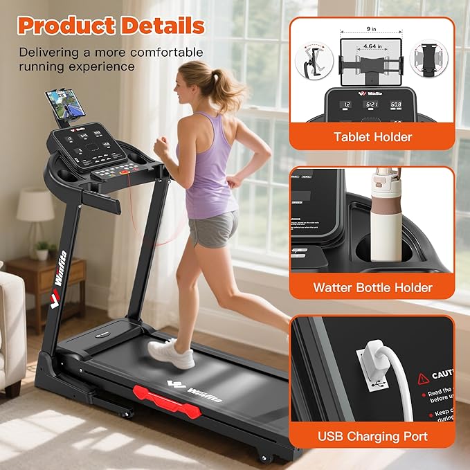 3.5HP Folding Treadmills for Home with Incline Optional, 300 lbs Capacity, 8.0MPH Speed, 17'' Wide Belt, App, Bluetooth Connection, 64 Programs, USB Charging Port, BMI Detector for Home Use
