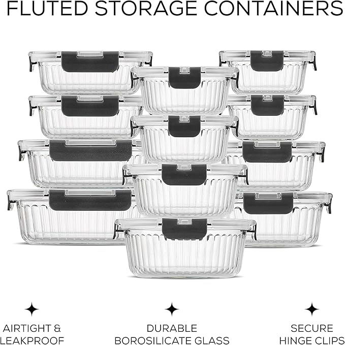 JoyJolt 24pc Borosilicate Glass Storage Containers with Lids | 12 Airtight/Freezer Safe Food Storage Containers for Pantry and Kitchen | Meal Prep Container for Lunch | Glass Tupperware Set