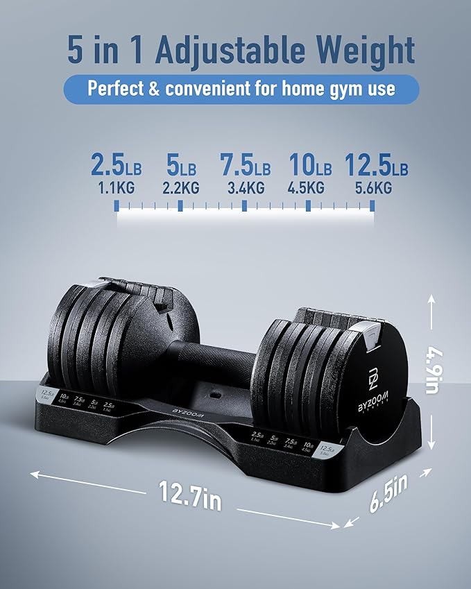 Adjustable Dumbbell – 12.5/25lb Single Unit OR Set of 2 – 5-in-1 Adjustable Weight for Home Gym, Strength Training & Fitness Workouts, White OR Black