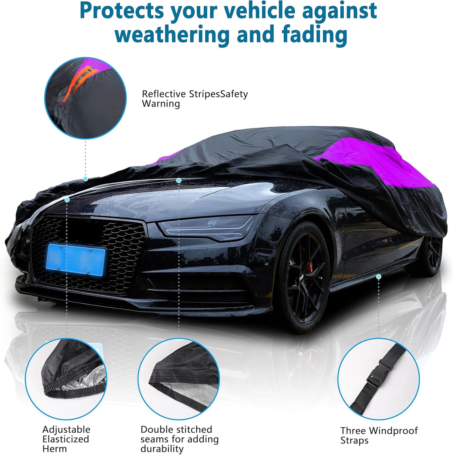 MORNYRAY Waterproof Car Cover All Weather Snowproof UV Protection Windproof Outdoor Full car Cover, Universal Fit for Sedan (Purple, A1-Fit Sedan Length(154-163 inch)