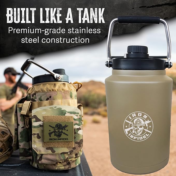 Iron Infidel Battle Bottle - One Gallon Insulated Water Bottle with Dual Carry Handles - 128 oz Tactical Stainless Steel Water Jug & Rugged Extra Large Sleeve With Storage (OCP Camo 128 Ounces)