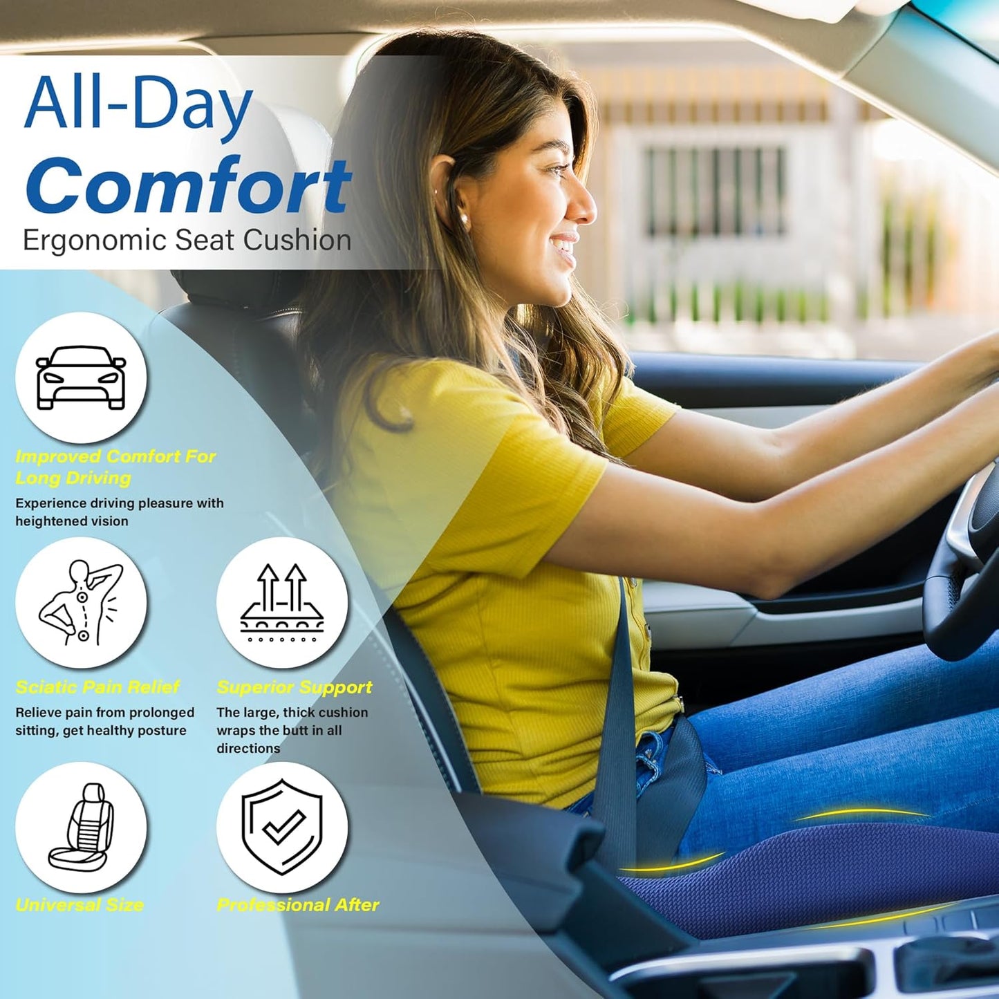 Car Seat Cushion, Ergonomic Memory Foam Car Cushion for Sciatica Pain Relief, Larger Driving Seat Pillow for Short Drivers on Long Drives - Butt Pillow for Truck, Office, Wheelchair - Black&Blue