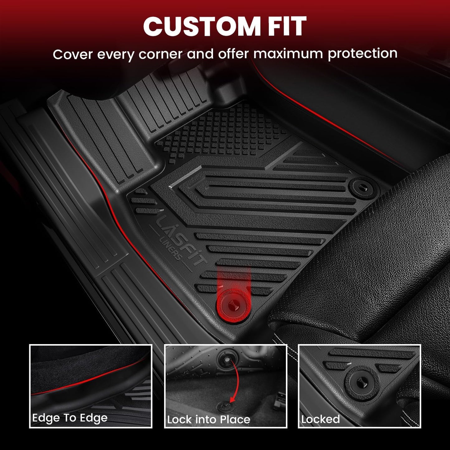 LASFIT Floor Mats and Cargo Liner for Ford Edge 2015-2024 All Weather Protector TPE Car Liners Custom Fit Vehicle Accessories, 1st & 2nd & Trunk Mat Combo Set, 4pcs Black