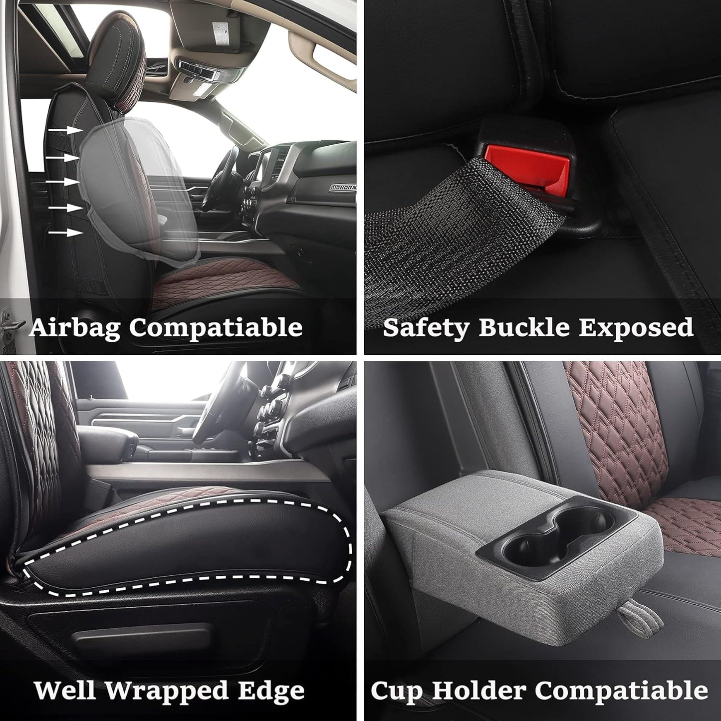 JOJOBAY Car Seat Covers for Dodge Ram Full Set,Fit Ram 2009-2025 1500/2500/3500 Pick-up Truck,Crew,Regular,Quad,Mega Cab,Waterproof Leather Seat Covers Protectors（5PCS Full Set,Black-Brown）