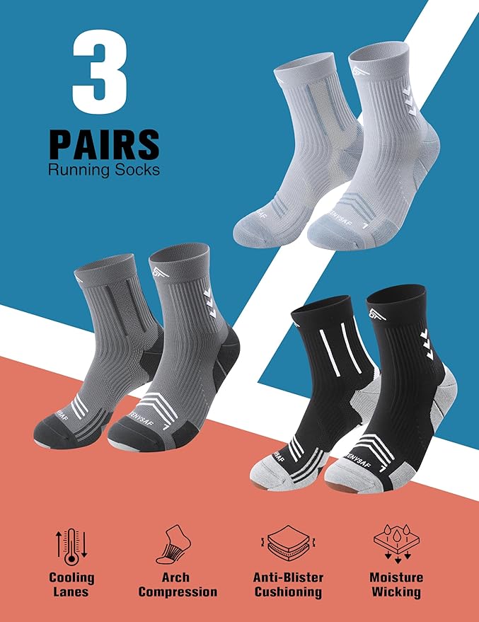 Compression Sport Running Socks: Athletic Crew Socks for Men Women Cycling Hiking Basketball Work,3 Pairs