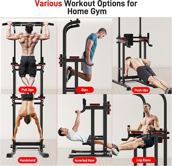 Outdoor Basic Power Tower Max Pull Up Bar and Dip Station - Heavy Duty 1600LBS Weight Capacity, Reinforced Steel Frame for Maximum Stability, Multi-Function Home Gym Equipment with Adjustable Height for Strength Training Fitness
