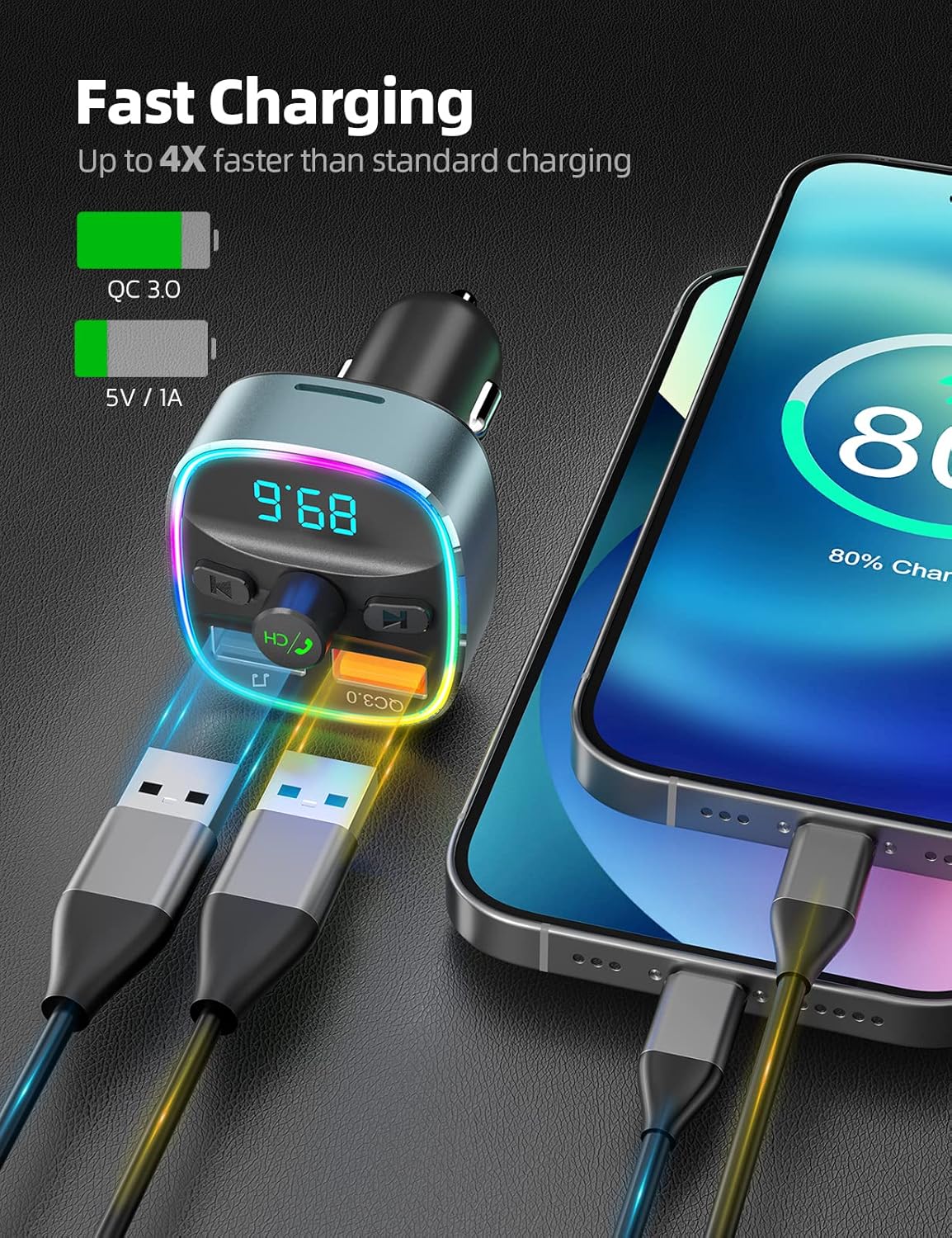 Nulaxy Bluetooth FM Transmitter for Car,Bluetooth Car Adapter with Dual USB Charging Car Charger MP3 Player Support TF Card & USB Disk,Hands-Free Calling,7 Colors Led Backlit Light-Gray