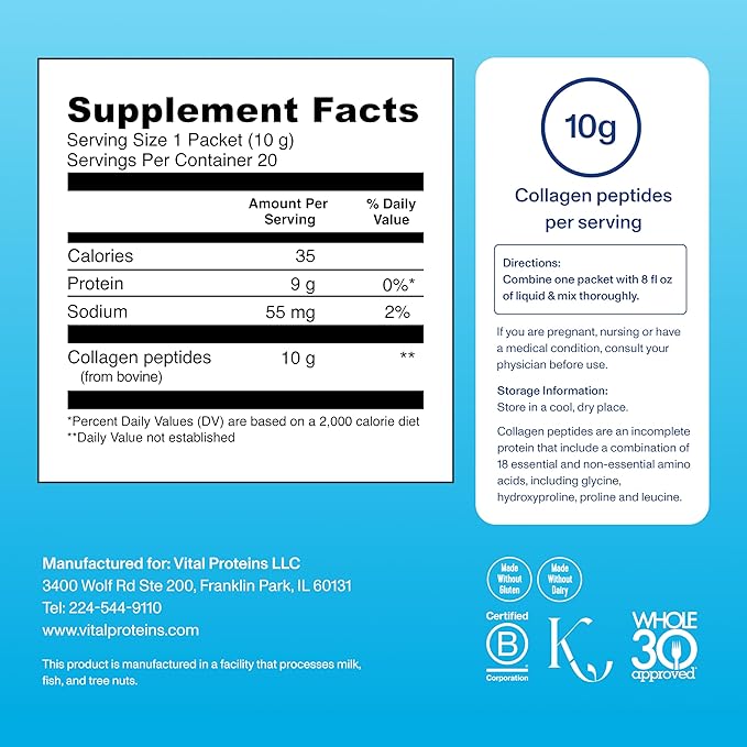 Vital Proteins Collagen Peptides Powder Supplement, Hydrolyzed Collagen Peptides Travel Pack, 20 Individual Packets