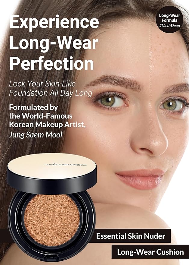 JUNG SAEM MOOL Essential Skin Nuder Longwear Cushion 0.98 Fl Oz (Medium Deep), Refill Included, 24H lasting Cushion Foundation with High Coverage, Semi-Matte Natural Finish, Korean Foundation Makeup