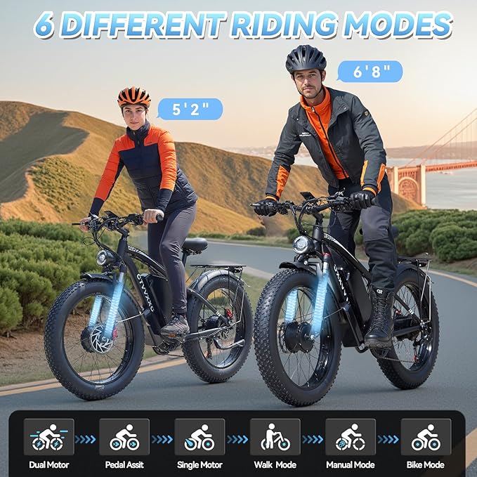 6000W Dual Motor Ebike for Adults 46MPH,210NM Fast Electric Bike,52V 34AH(1768Wh) Up to 105 Miles Long-Range Ebike,24" Fat Tire Dirtbike,Lockable Suspension Electric Bicycle for Off-Road Mountain Snow