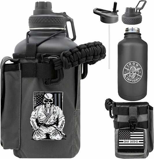 Iron Infidel Battle Bottle - Half Gallon Water Bottle Insulated, 64 oz Stainless Steel Water Jug with Handle - Gym Water Bottle for Men with Rugged Sleeve for Storage (Earned, Not Given 2 Liter)