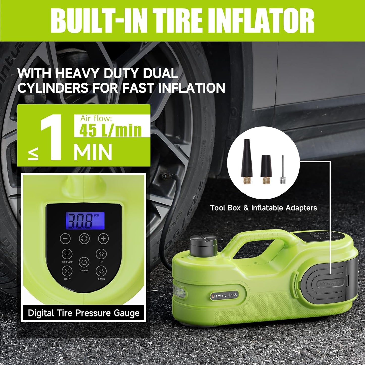 Electric Car Jack Kit 5T 12V Hydraulic Tire Jack with Double Cylinder Air Pump & LCD Touch Screen & Impact Wrench Portable Car Lift for Tire Changes and Roadside Emergencies