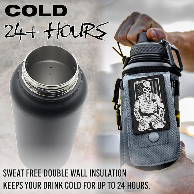 Iron Infidel Battle Bottle - 32 Oz Insulated Water Bottle with Straw Lid & Chug Cap, Stainless Steel Metal Flask Includes Rugged, Removable Sleeve for Keys, Wallet, & Phone (Earned, Not Given 1 Liter)