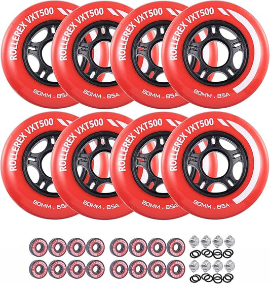 Rollerex VXT500 Inline Skate Wheels (8 Wheels w/Bearings, spacers and washers) (Various Size & Color Options Available) - for Indoor, Outdoor, Hockey - Intended for Roller Blade Wheel Replacement