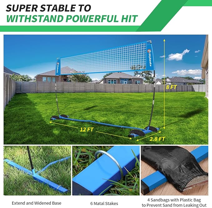 Portable Volleyball Net 5-Height Adjustable for Backyard with Widened Base, Tetoron Net, 6 Metal Stakes and 4 Sandbags, 12ft/14ft Volleyball Practice Training Equipment with Carry Bag
