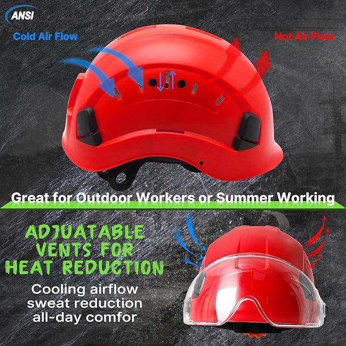 AOLAMEGS Hard Hats Construction OSHA Approved - ANSI Z89.1 Red Safety Hardhats, High Impact ABS Hardhat, Adjustable Vented Construction Worker Hat with Clear Visor, Cascos de Construccion