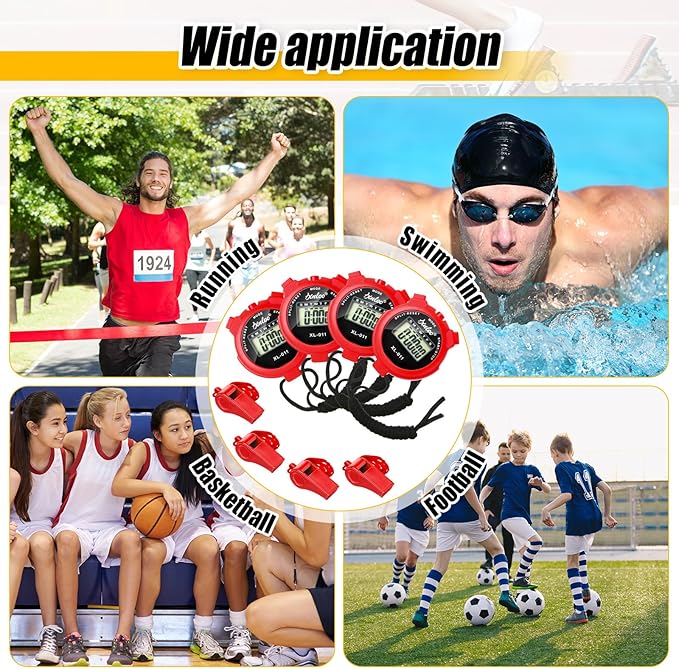 48 Pcs Digital Stopwatch Timer Plastic Whistle Bulk for Sports Coaches Referee Waterproof Watch Timer Whistle with Lanyard Multi Function Electronic Fitness Date Alarm (Red)