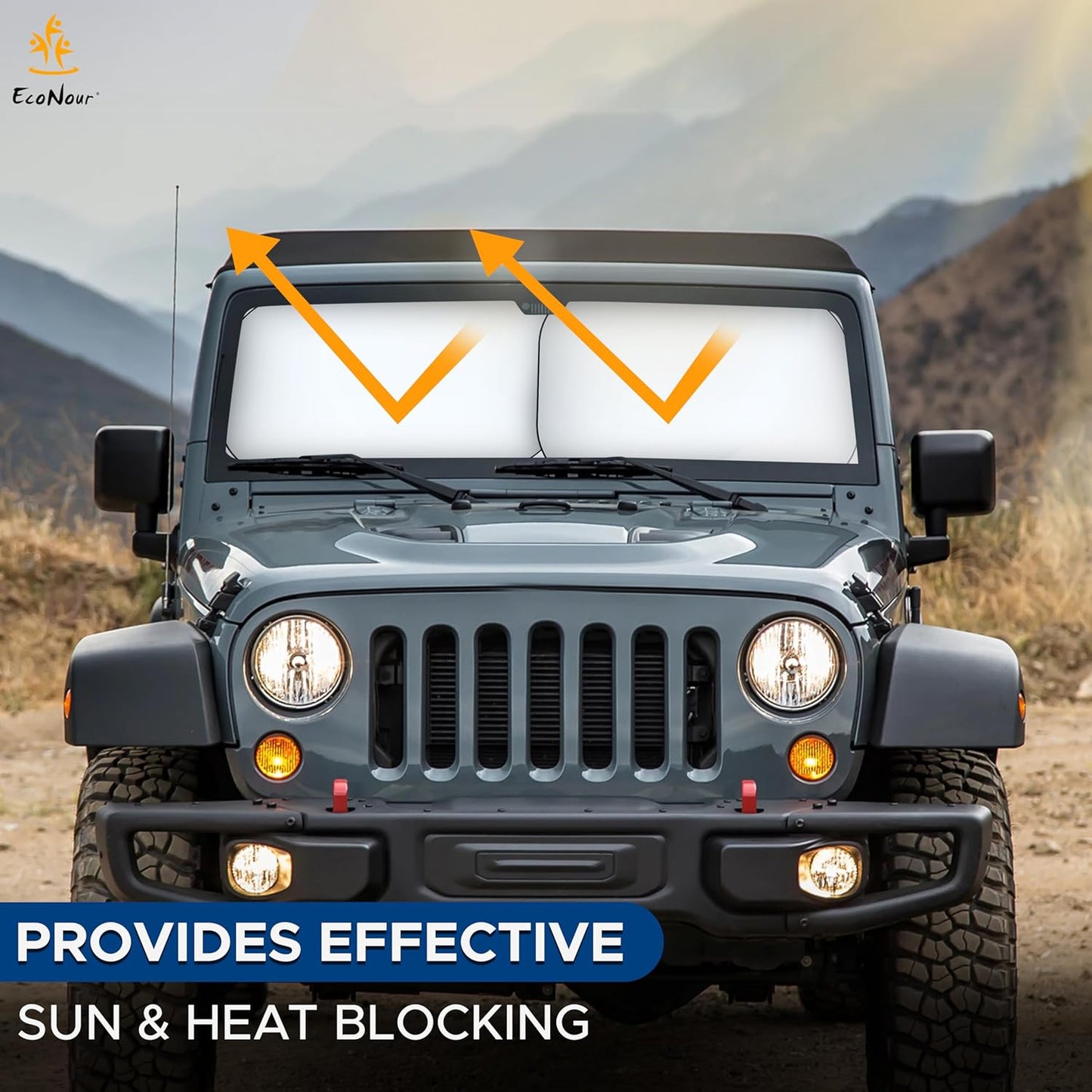 EcoNour 2-Piece Windshield Sun Shade for Jeep | Foldable Jeep Wrangler Sun Shade/Jeep Gladiator Sun Shade fit for Jeep Wrangler JL JLU 2018-2025 / Jeep Gladiator 2020-2025 | Keeps Car Interior Cooler