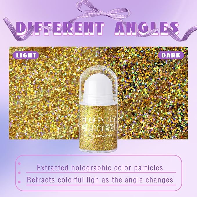 Roll-on Holographic Body Glitter Gel for Face Hair, Chameleon Color Changing Glitter Gel Under Light, Chunky Mermaid Sequins Festival Party Rave Accessories Shimmer Makeup (18# Gold)