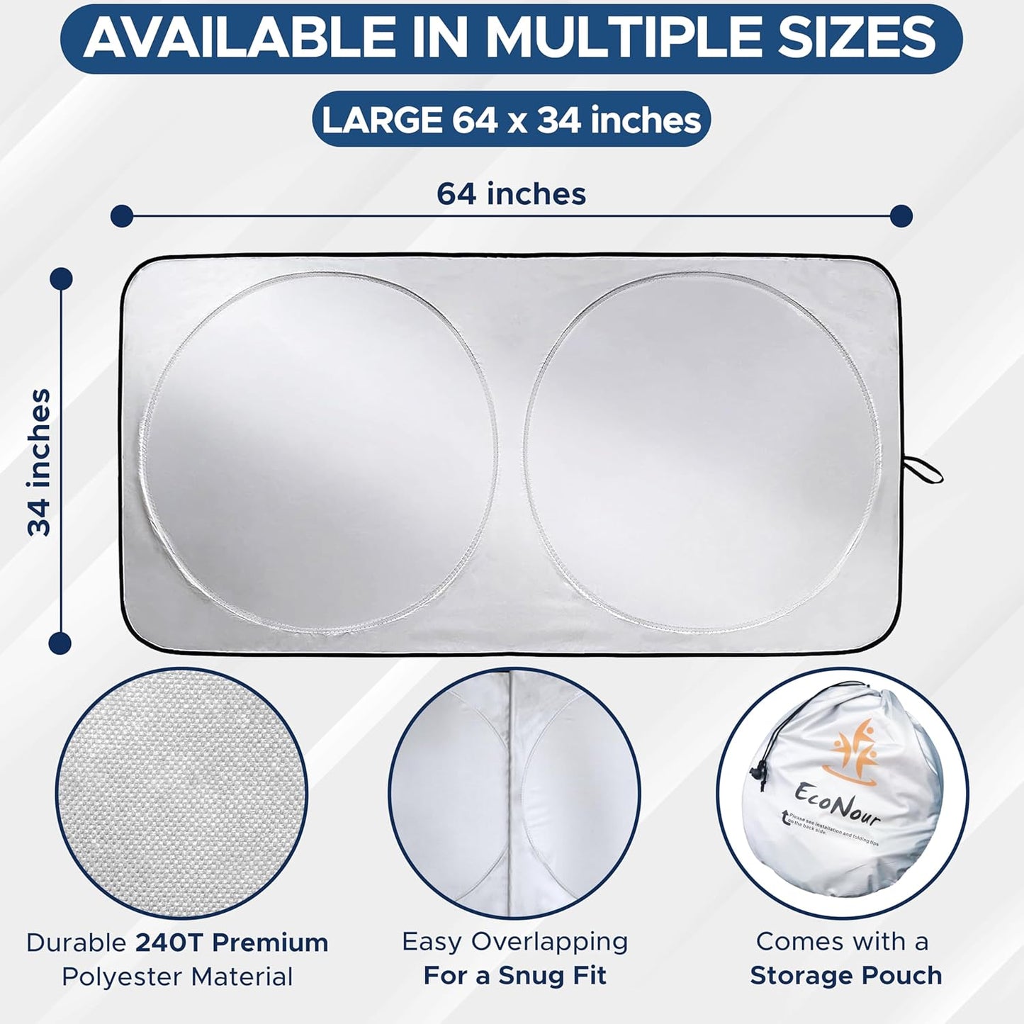 EcoNour Windshield Sun Shade with Mirror Cut | Foldable 240T Polyester Car Sun Shade for Heat, and UV Rays | Windshield Sunshade for Front Window Sun Block and Interior Cooling | Large (64" x 34")