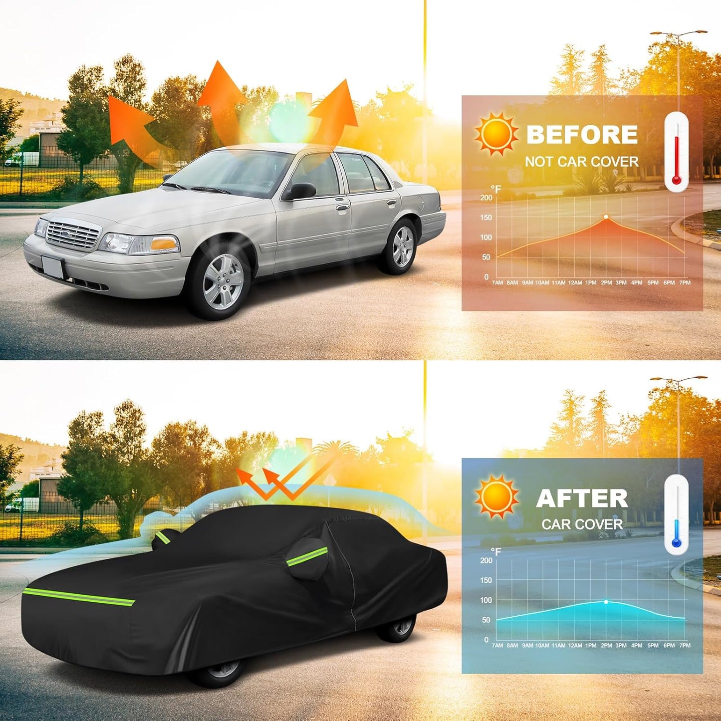 QUNSUNUS Waterproof Car Cover for Chevy Caprice 1966-1970 and 1977-1996, All Weather Outdoor Crown Victoria Cover 1992-2012 with Straps and Zipper