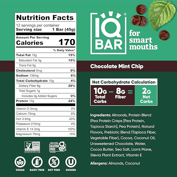 IQBAR Brain and Body Plant Protein Bars - Chocolate Mint Chip - 12-Count Low Carb - Gluten Free, High Fiber, Vegan Snacks - Low Sugar Meal Replacement