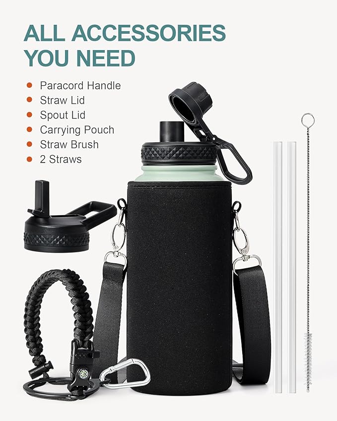 32oz Insulated Water Bottle,Stainless Steel Vacuum Water Bottle, BPA-Free & Leakproof -with Paracord Handle,Strap,Straw Spout Lids, Water Jug for Gym Sports,Christmas Gifts for Women