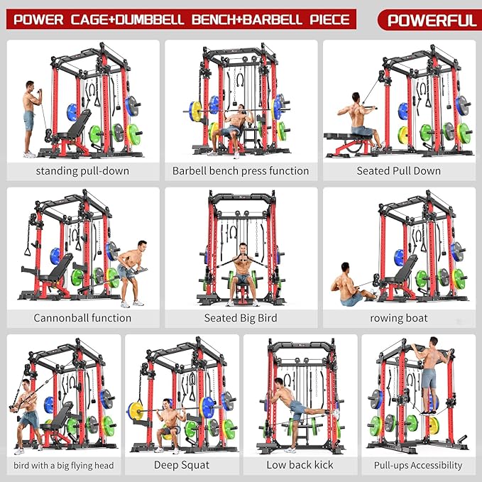 Power Rack Power Cages Multi-Function Squat Rack with Cable Crossover System Selectable More Training Attachment Weight Cage for Garage Home Gym