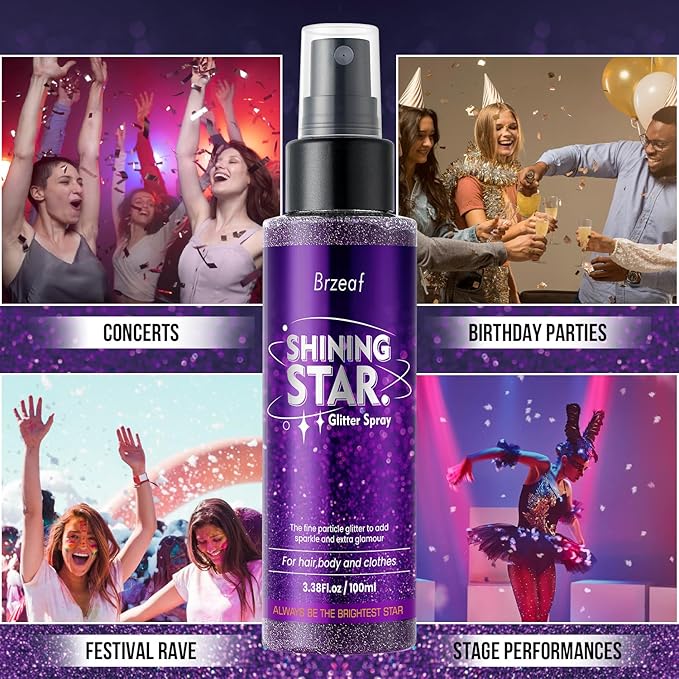 Brzeaf Glitter Spray, Glitter Spray for Hair and Body, Long-Lasting & Quick-Drying, Shiny Glitter Hairspray, Waterproof Body Glitter, for Stage Makeup and Festival Rave