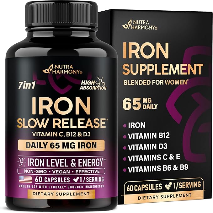Iron Supplement for Women - Iron 65mg (Ferrous Sulfate 325mg) - Stomach Friendly | Slow Release Iron | High Absorption - Vitamins C, D3, B6, B12 & Folate - Iron Level & Energy Support - 60 Capsules