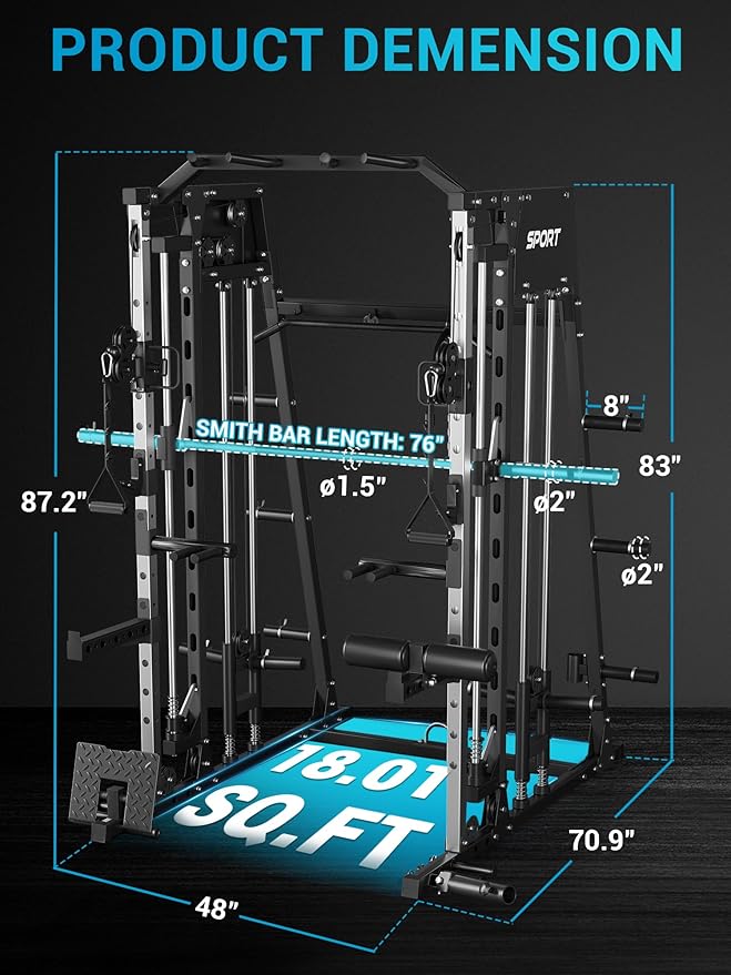 Smith Machine, Power Cage Squat Rack with Cable Crossover, Dual Pulley System, Pull-Up Bar, Home Gym Workout Equipment with Attachments for Strength Training and Weightlifting