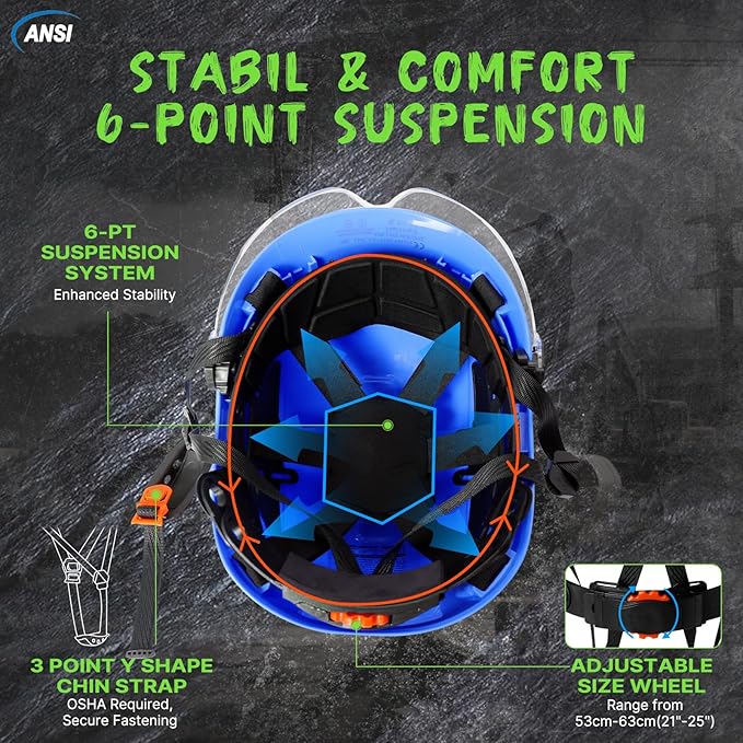 AOLAMEGS Construction Blue Hard Hats - Adjustable Vented Hard Hat with Visor for Men Women ABS Safety Helmet 6-Point Suspension Work Safety Helmet for Outdoor Height Industrial (with Clear Visor)