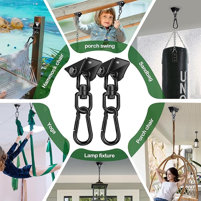 Hammock Hanging Kit 2 Pack, Porch Swing Hanging Kit 1200 Lb Capacity, Hammock Ceiling Hooks Heavy Duty 360°Rotating Hanging Swing Chair Hardware for Hammock Chair Stand, Porch, Yoga, Gym