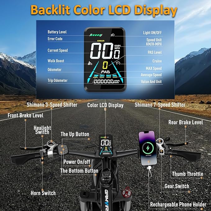 Ebike for Adults Electric, 52V 19.2Ah/32Ah, Peak 2000W/2500W E-Bike, 36/40MPH, 70 Miles/100Miles Long Range, Hydraulic Disc Brake, Off Road Snow Mountain E-Bike, 24"/26" Fat Tire Fast Electric Bicycle