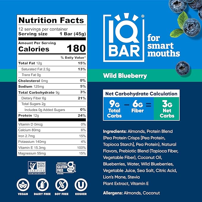 IQBAR Brain and Body Plant Protein Bars - Wild Blueberry - 24-Count Low Carb - Gluten Free, High Fiber, Vegan Snacks - Low Sugar Meal Replacement