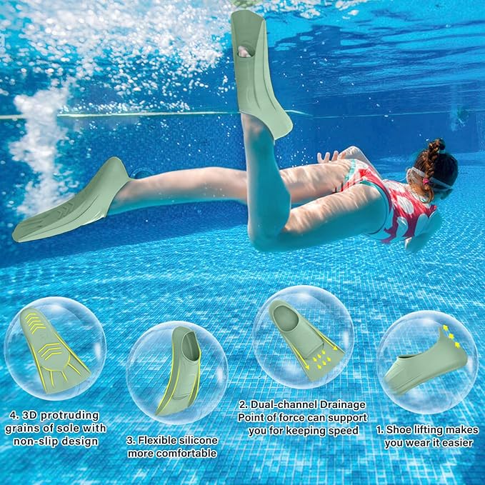 Gintenco Swim Fins, Kids Swim Training Fins for Lap Swimming, Travel Size Flippers with Mesh Bag, Silicone Swimming Fins for Kids Teens Adults Women Men