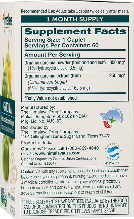 Himalaya Organic Garcinia Cambogia Herbal Supplement, Appetite Support, Lipid Metabolism, Weight Support, USDA Organic, Non-GMO, Vegan, 600 mg, 60 Plant-Based Caplets, 2 Pack