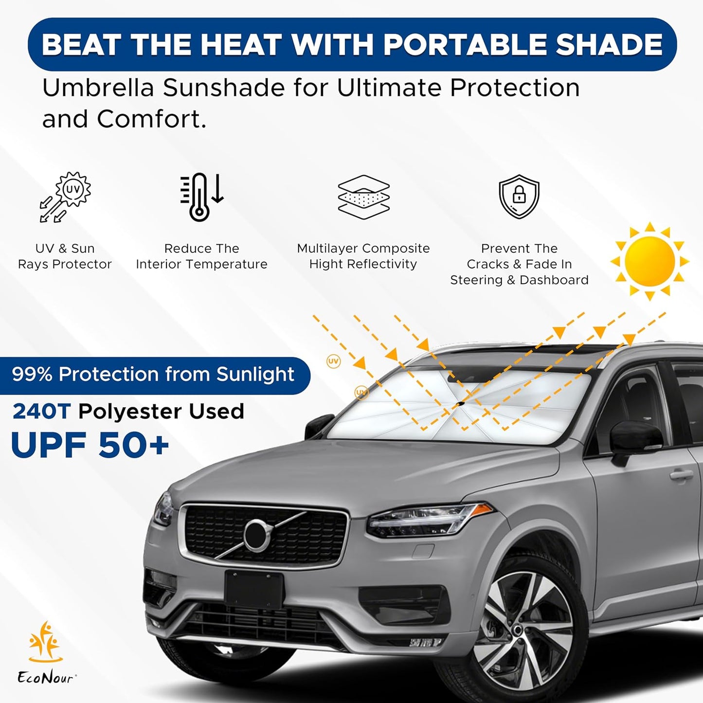 EcoNour Adjustable Car Windshield Umbrella Sun Shade | Foldable UV Protection Shade with 240T Polyester | Fits Various Windshield Angles