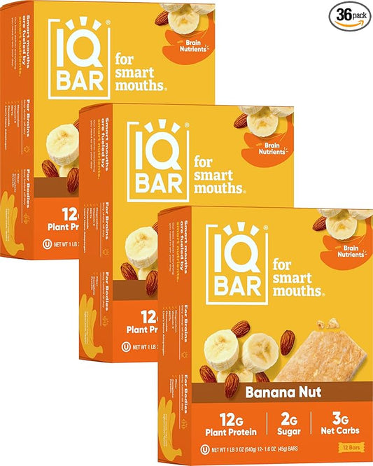 IQBAR Brain and Body Plant Protein Bars - Banana Nut - 36-Count Low Carb - Gluten Free, High Fiber, Vegan Snacks - Low Sugar Meal Replacement