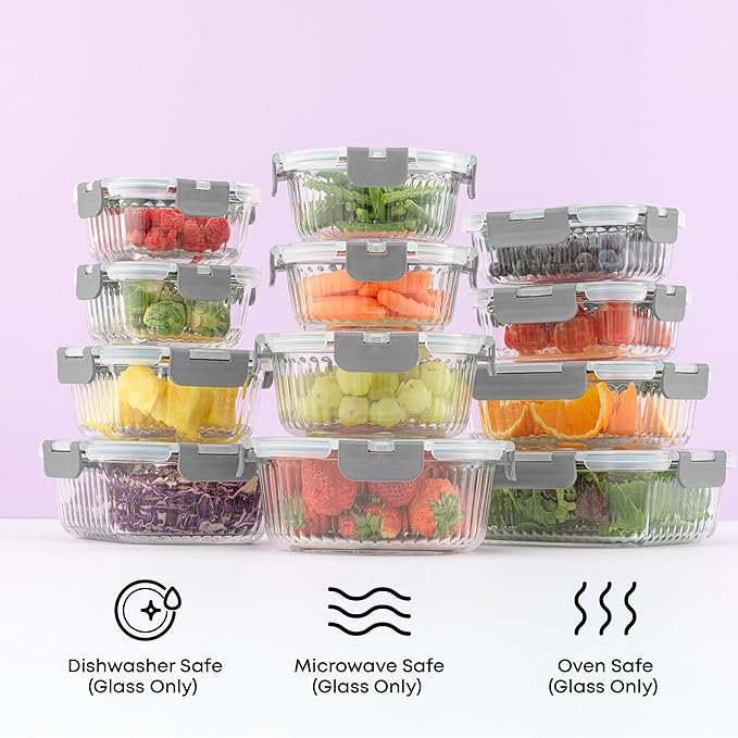 JoyJolt 24pc Borosilicate Glass Storage Containers with Lids | 12 Airtight/Freezer Safe Food Storage Containers for Pantry and Kitchen | Meal Prep Container for Lunch | Glass Tupperware Set