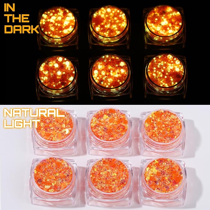 Teenitor Orange Glow in The Dark Glitter Gel, Orange Body Glitter Face Glitter for Halloween Makeup UV Black Light Festival Party Cheer Makeup