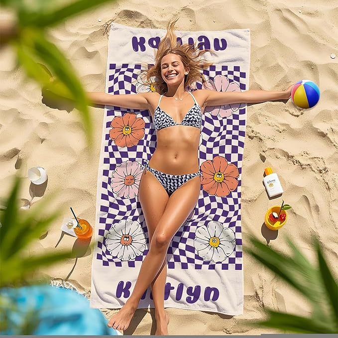 JML Personalized Beach Towel with Name, Custom Flower Beach Towel, Customized Microfiber Pool Towel, Quick Dry & Absorbent Swim Towel for Adult,Anniversary, Birthday, Summer Holiday,Vacation