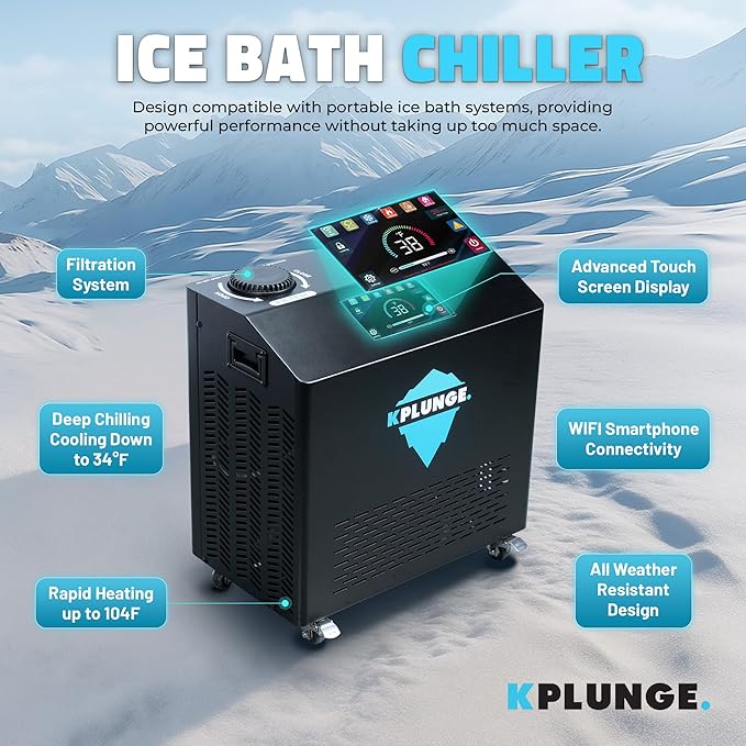 Kodiak 59" 1-Person Inflatable Cold Plunge Ice Bath or Hot Tub with 1 HP Chiller and Heater, PVC Insulated Lid, Hand Pump, Repair Kit, 110-Gallon Capacity, Indoor/Outdoor Tub – Gray