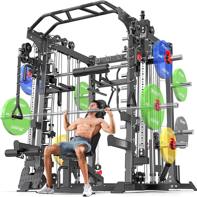 Smith Machine Power Rack Multifunctional Power Cage Deep Squat Rack Cable Crossover System Selectable More Training Attachment for Garage & Home Gym